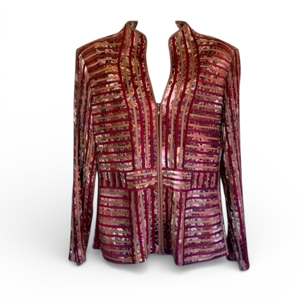 Obstinee by Ika blazer, Women's  M, maroon ribbon, tan/brown iridescent fabric.